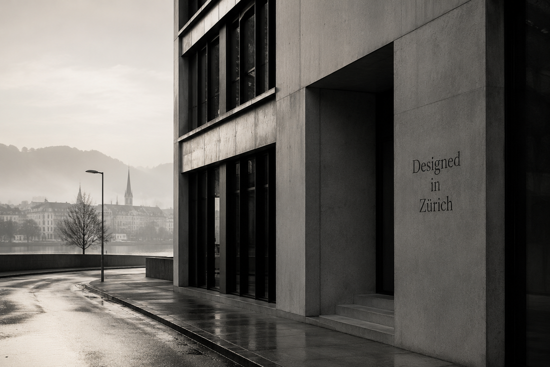 Minimalist architectural scene inspired by Zürich, featuring timeless concrete design and quiet urban elegance, captured in a premium editorial style for the River & Root Journal.