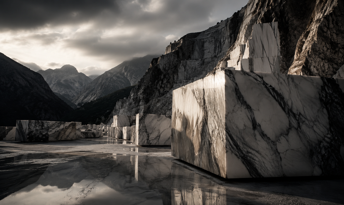 Monumental marble blocks in a mountain quarry captured in a premium editorial style, illustrating the journey from mountain to object for the River & Root Journal.