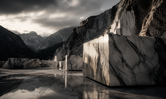 Monumental marble blocks in a mountain quarry captured in a premium editorial style, illustrating the journey from mountain to object for the River & Root Journal.