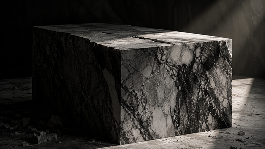 Monumental marble block illuminated by dramatic light in a premium editorial setting, symbolizing permanence, timeless design and the enduring nature of stone for the River & Root Journal.