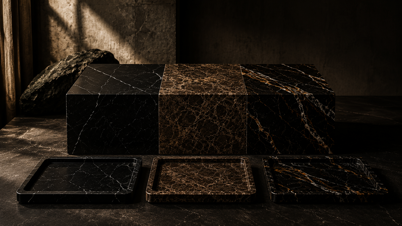 The Monolith Collection by River & Root featuring Nero Marquina, Dark Emperador and Portoro Gold trays crafted from natural stone and designed in Zürich.