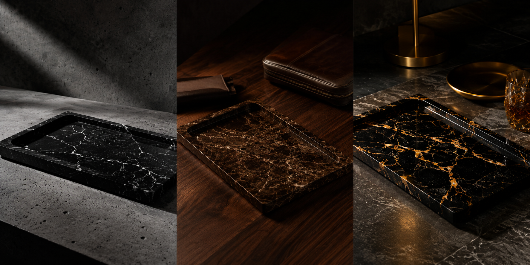 Premium marble trays made from Nero Marquina, Dark Emperador and Portoro Gold marble. The Monolith Collection by River & Root, designed in Zürich, Switzerland.