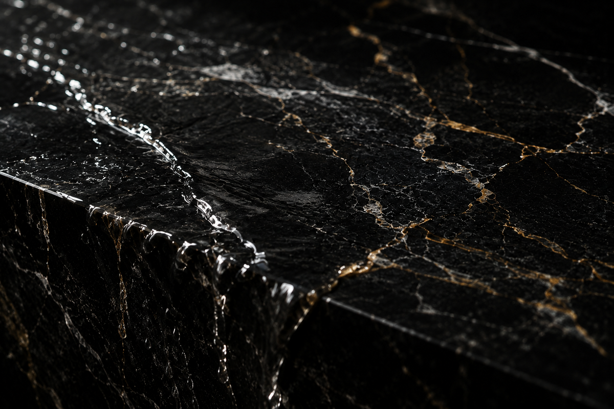 Close-up of natural black marble with unique white veining, showcasing the premium stone used in River & Root luxury objects.