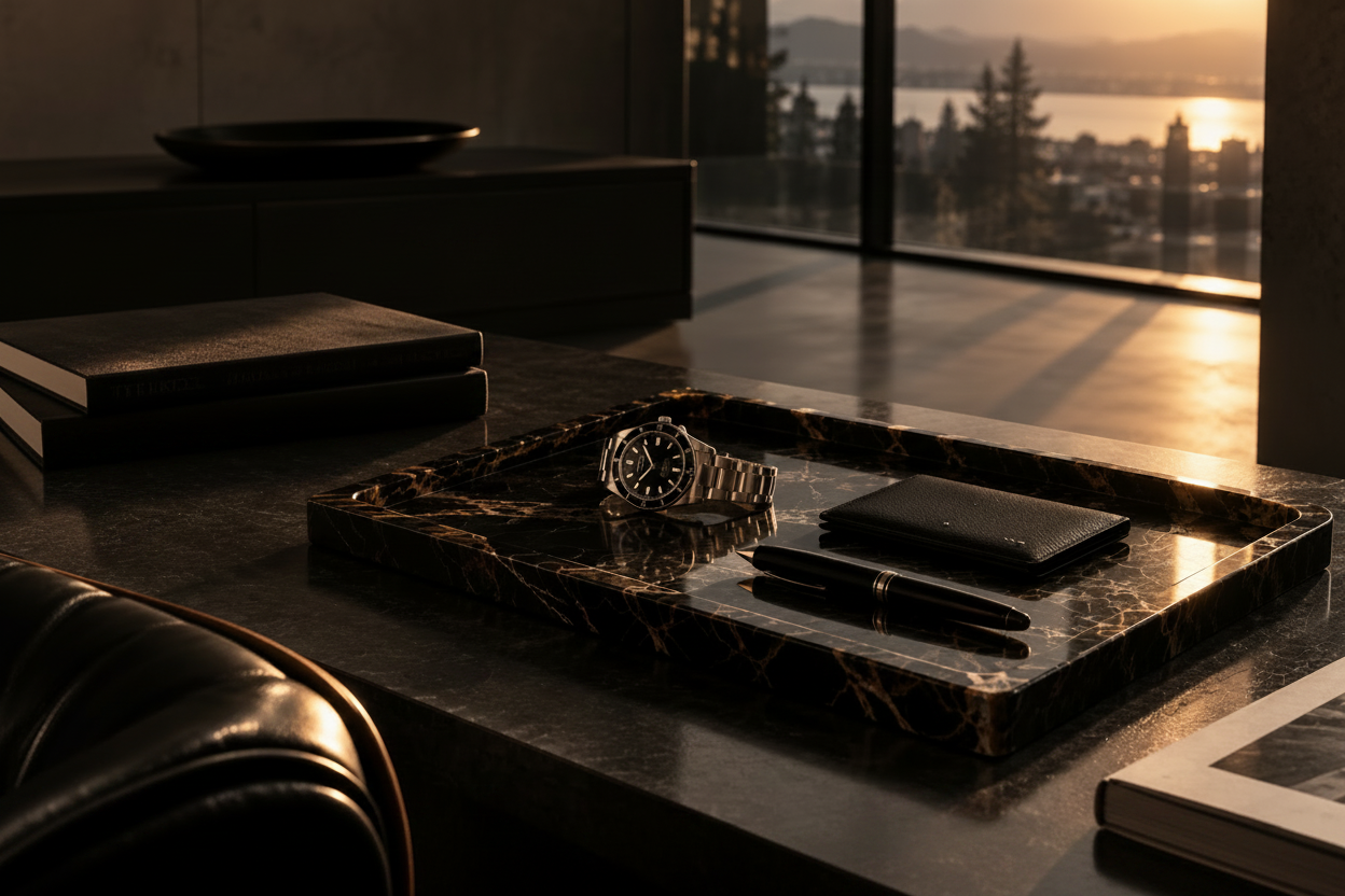 River & Root luxury marble tray displayed in a minimalist penthouse setting, designed for everyday rituals and timeless living.