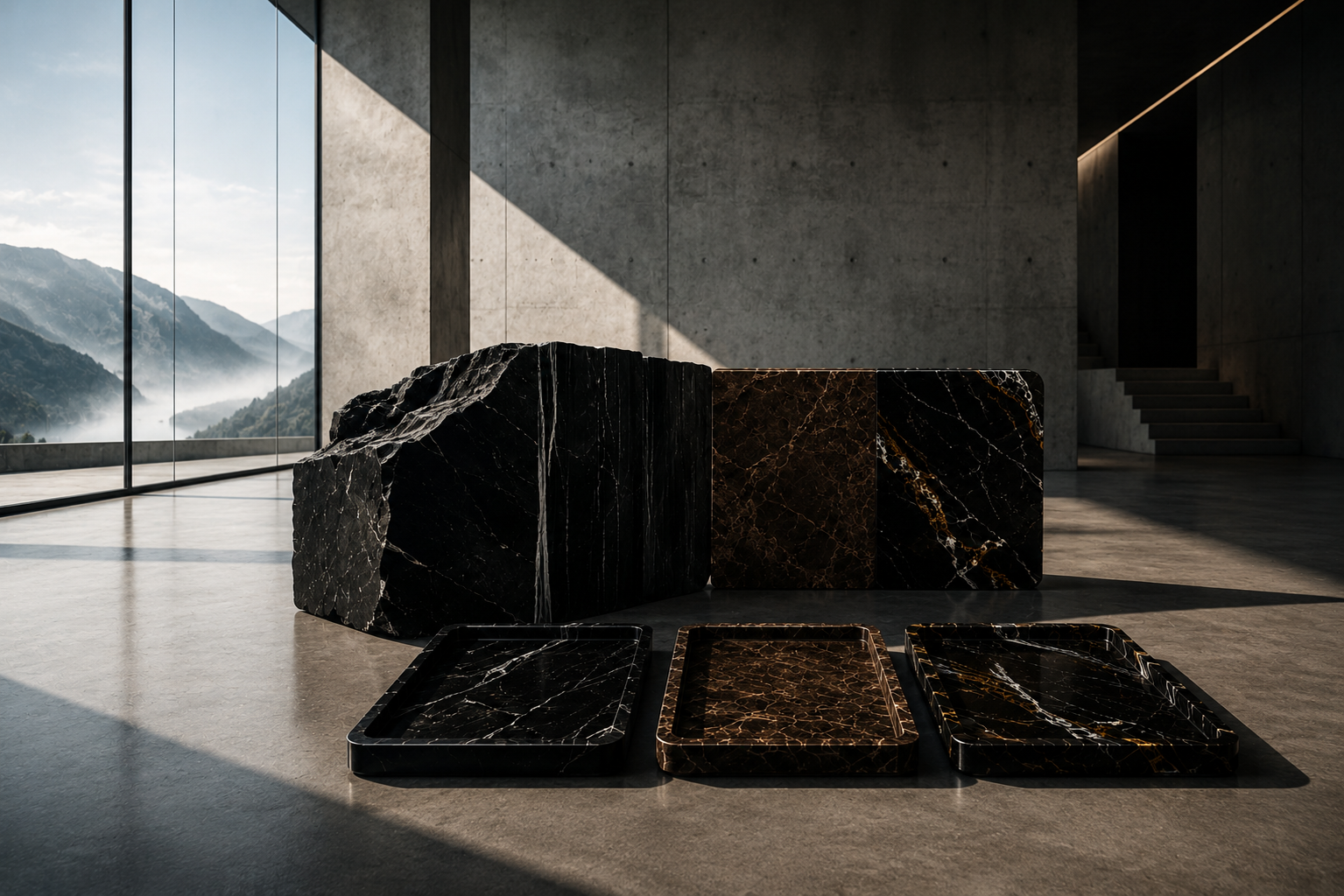 Three marble trays from The Monolith Collection showcased in a minimalist architectural setting of concrete, glass and mountain light. Natural stone objects designed in Zürich for slow rituals and timeless living.